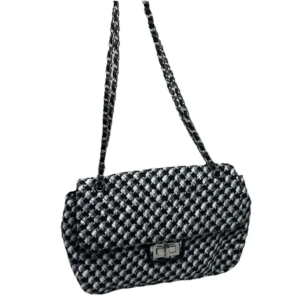 Karl Lagerfeld Paris Tweed Shoulder‎ Bag Womens Black White Chain Flap Spring